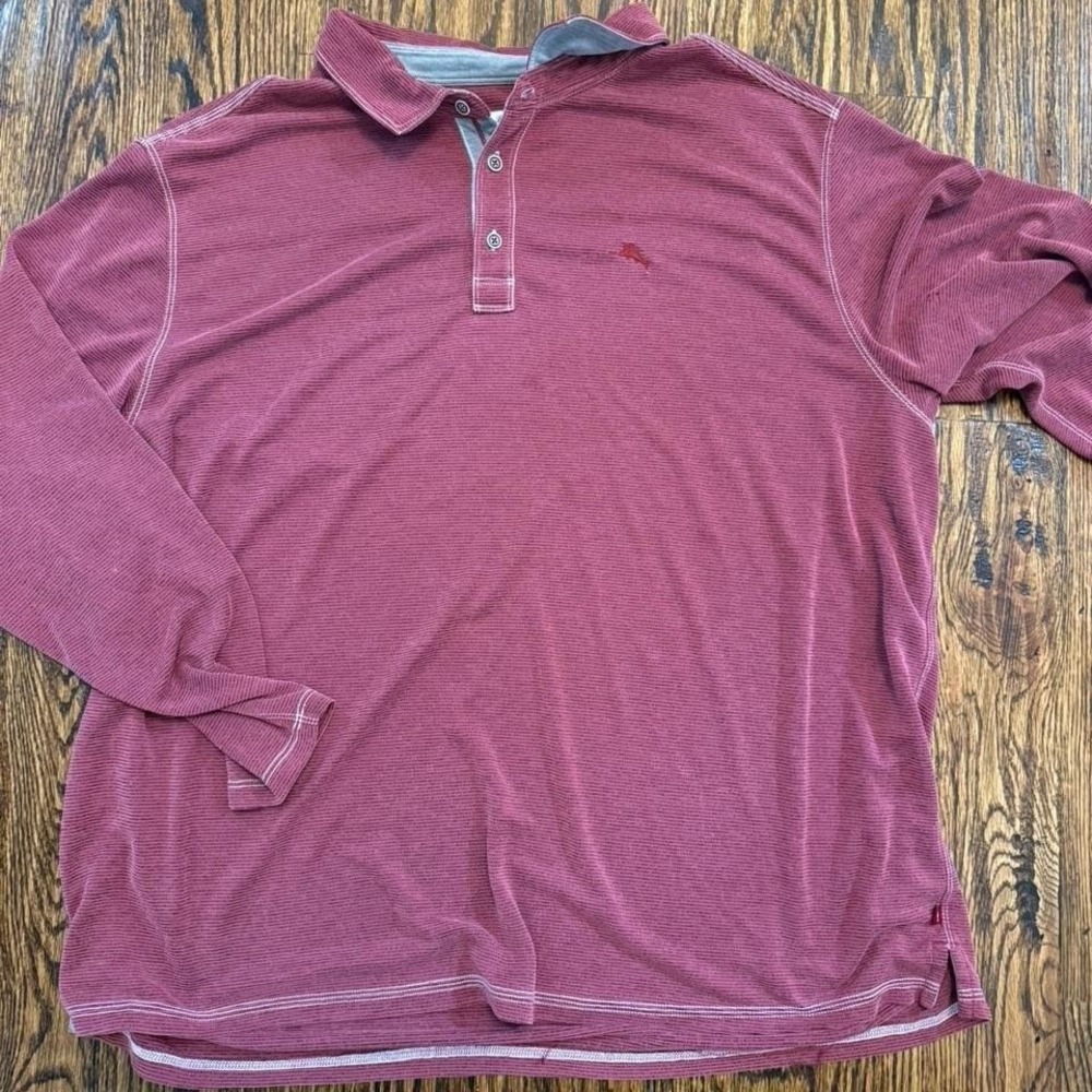 Tommy Bahama Red/Burgundy Striped Long Sleeve Polo Shirt – Men's XXL